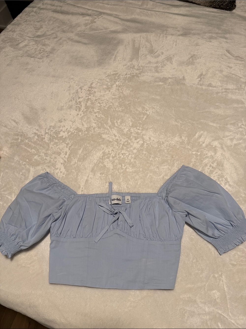 Pale Blue Off-Shoulder Puff Sleeve Cotton Crop Top with Tie summer
